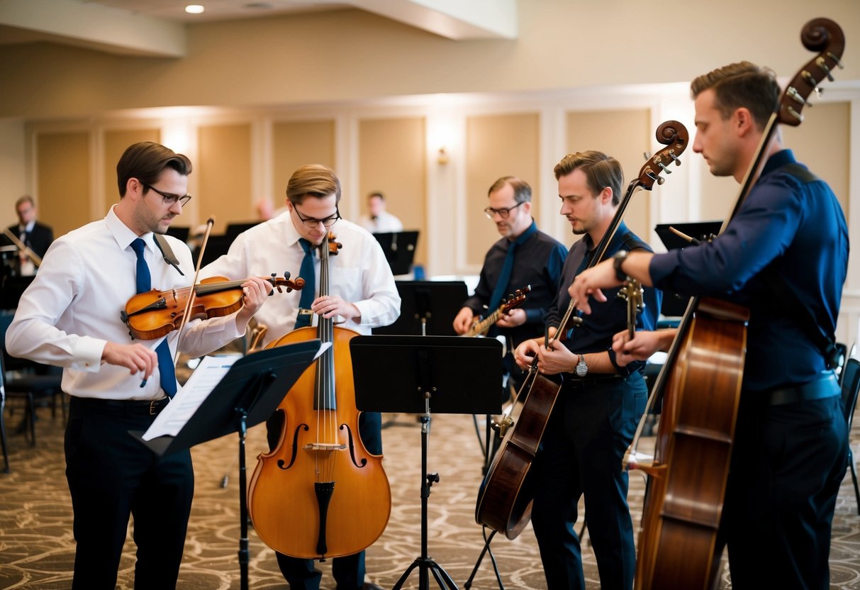A group of musicians setting up their instruments and going through a rehearsal in a wedding venue