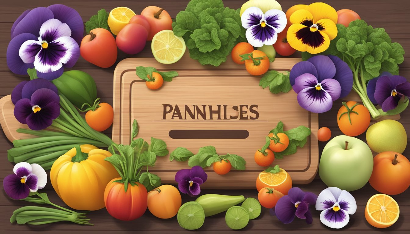 A colorful array of pansies arranged on a wooden cutting board, surrounded by various fruits and vegetables, with a nutrition label in the background