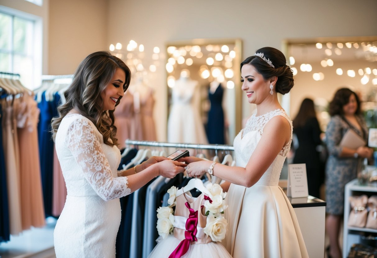 A bride paying for flower girl attire at a boutique