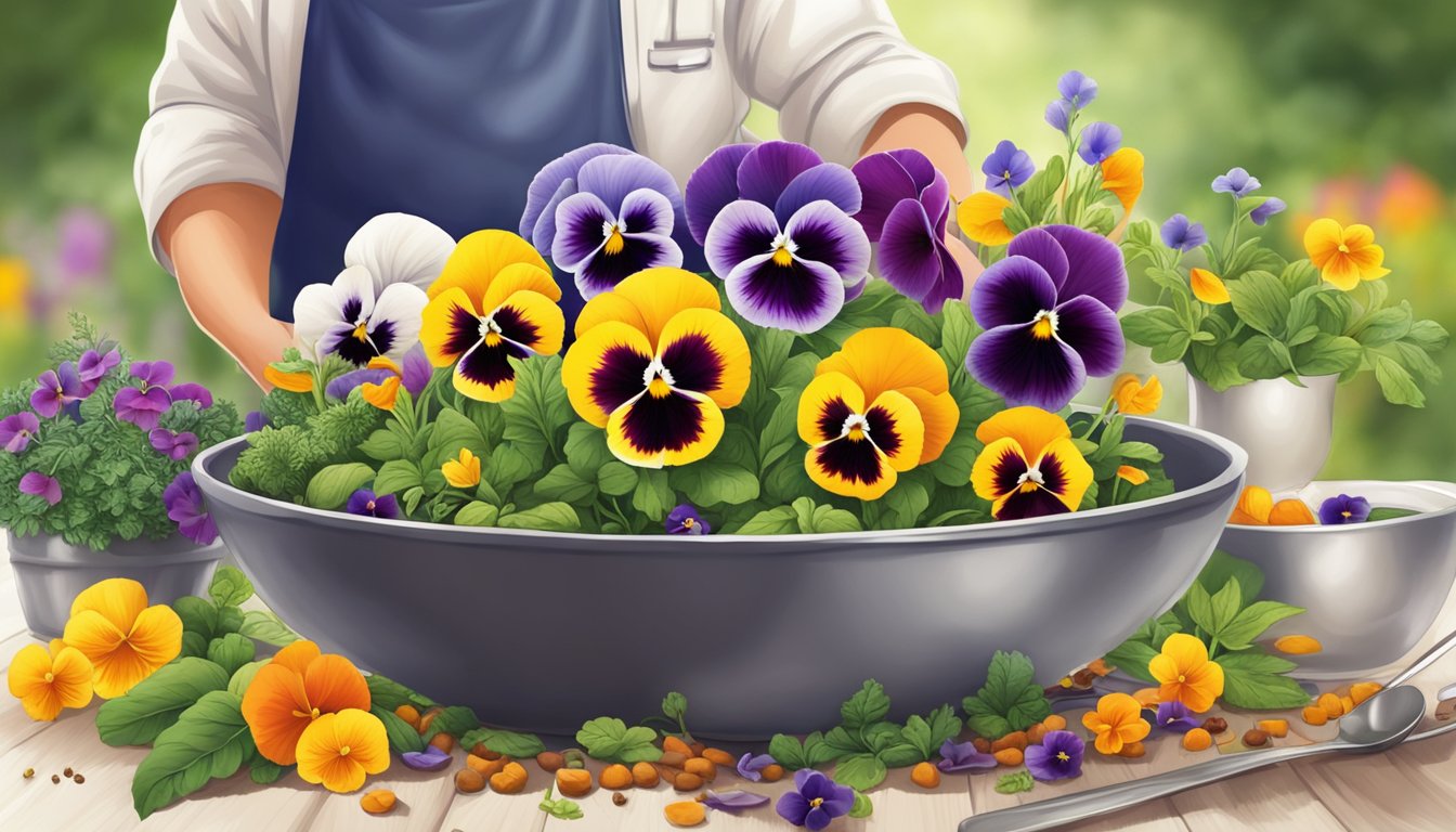 A colorful garden with vibrant pansies growing alongside herbs and spices. A chef sprinkles edible flowers onto a dish, adding a touch of elegance