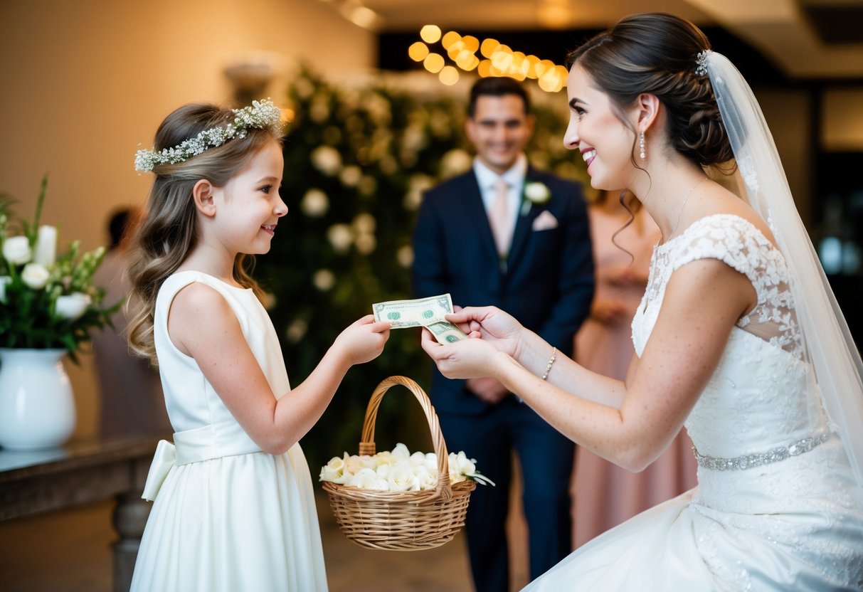 A bride handing money to a flower girl, who is holding a basket of petals, with a florist in the background