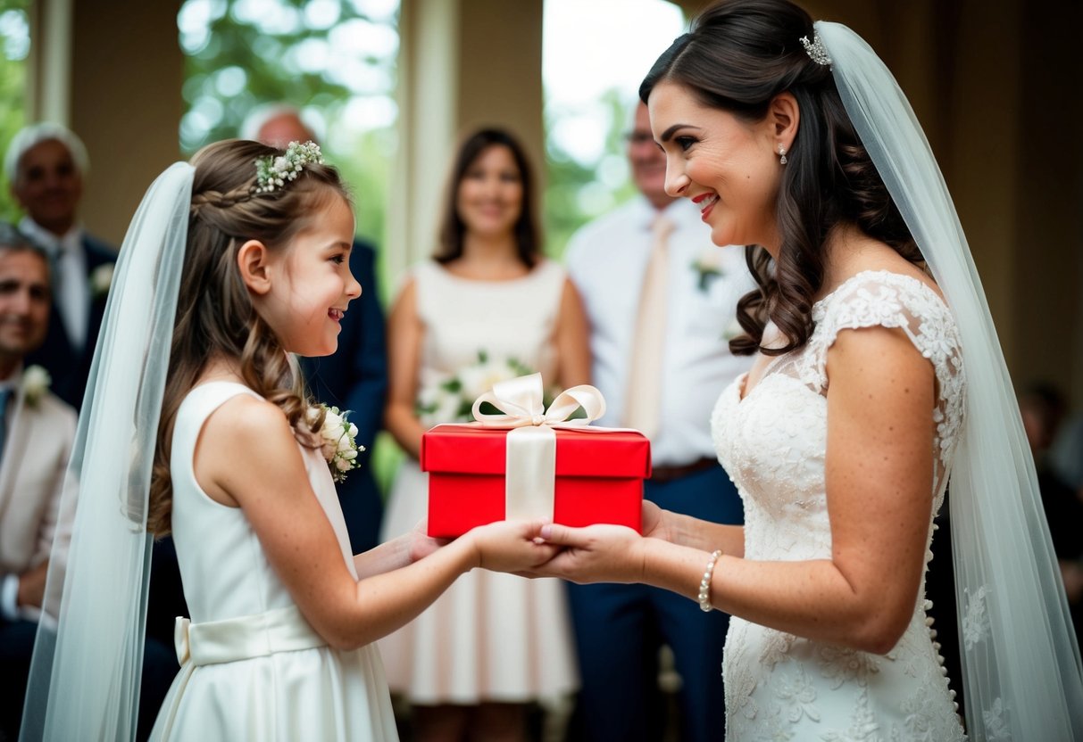 A bride presents a gift to a young flower girl, expressing appreciation for her role in the wedding