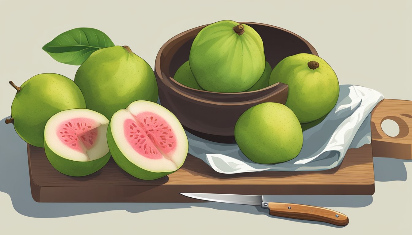 A bowl of ripe and unripe guavas, with a knife and cutting board nearby