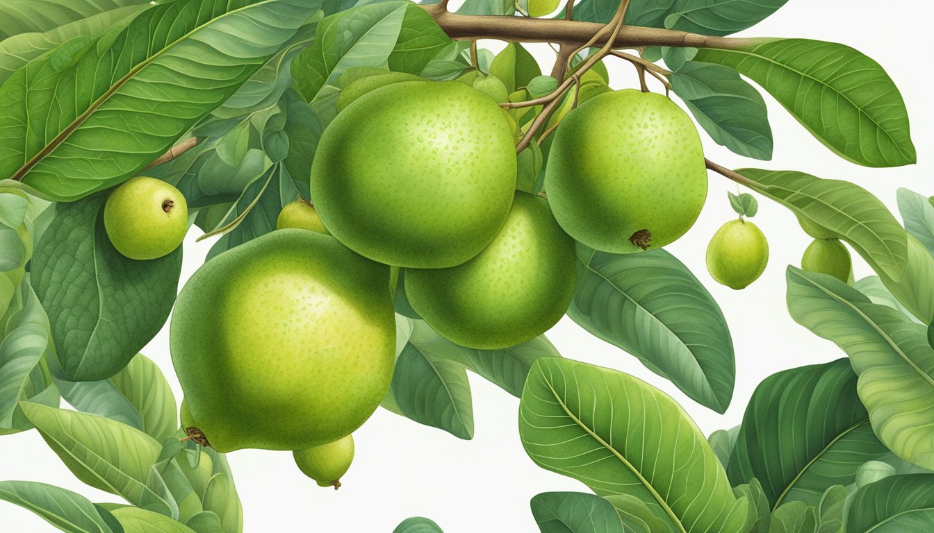 An unripe guava hanging from a tree, surrounded by lush green leaves and other fruits of various stages of ripeness