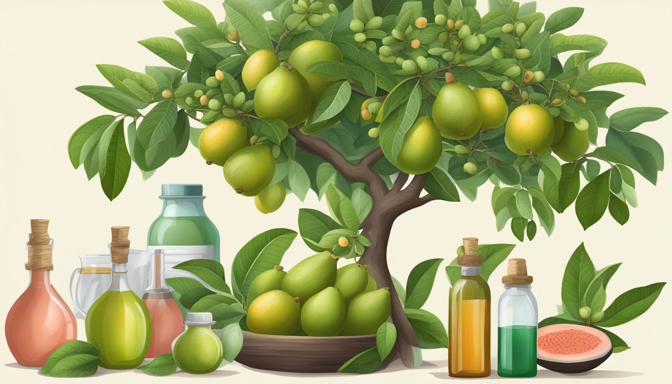 A guava tree with both ripe and unripe fruit, surrounded by traditional and modern medicine herbs and bottles