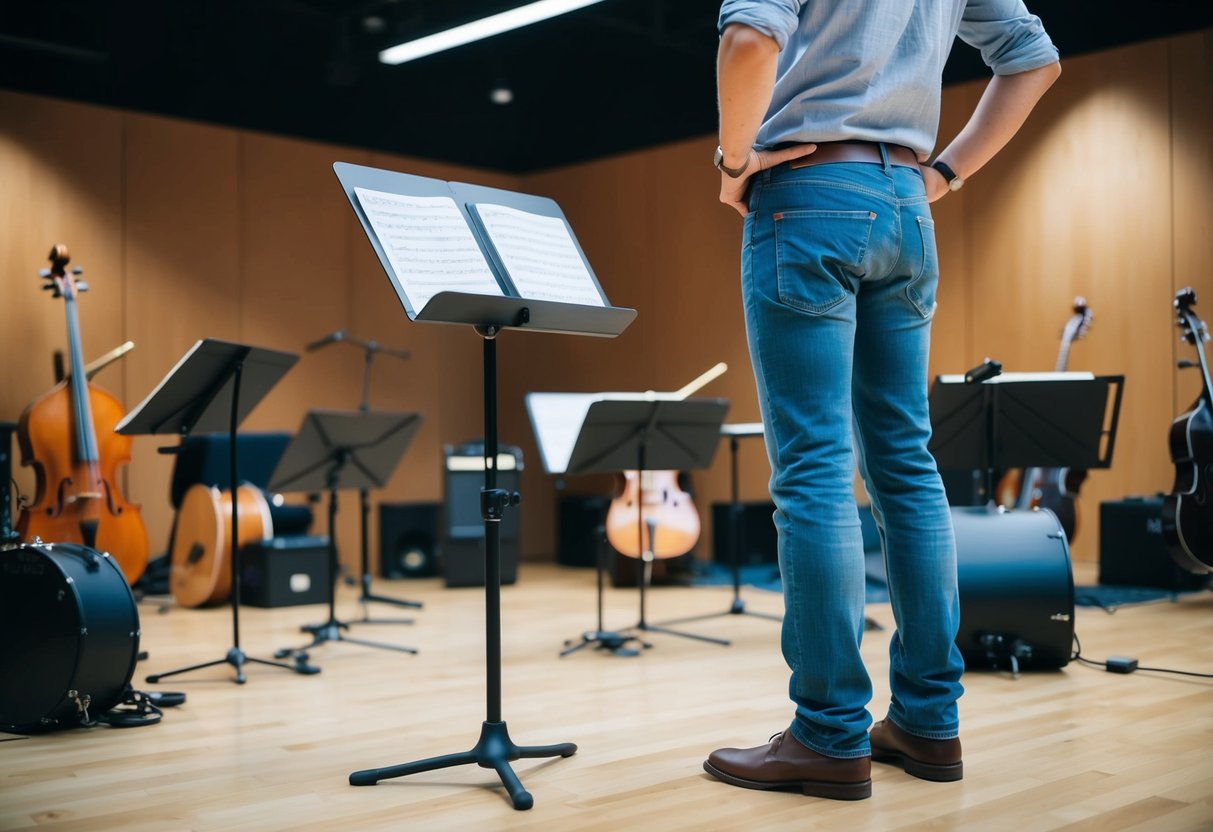A person in jeans standing in front of a music stand with sheet music, surrounded by musical instruments and rehearsal space