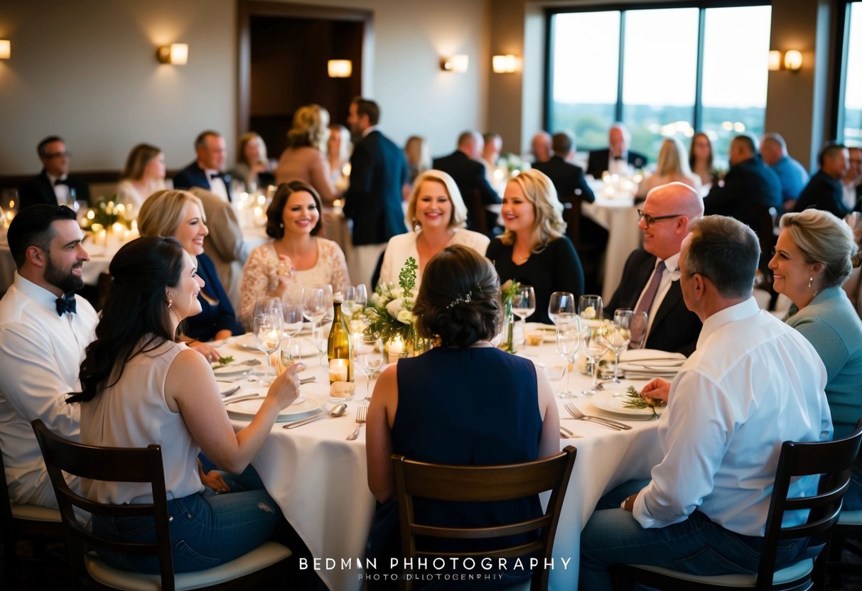 A group of people in casual attire, some wearing jeans, gather at a restaurant for a rehearsal dinner. Tables are set with elegant place settings and soft lighting creates a warm and inviting atmosphere