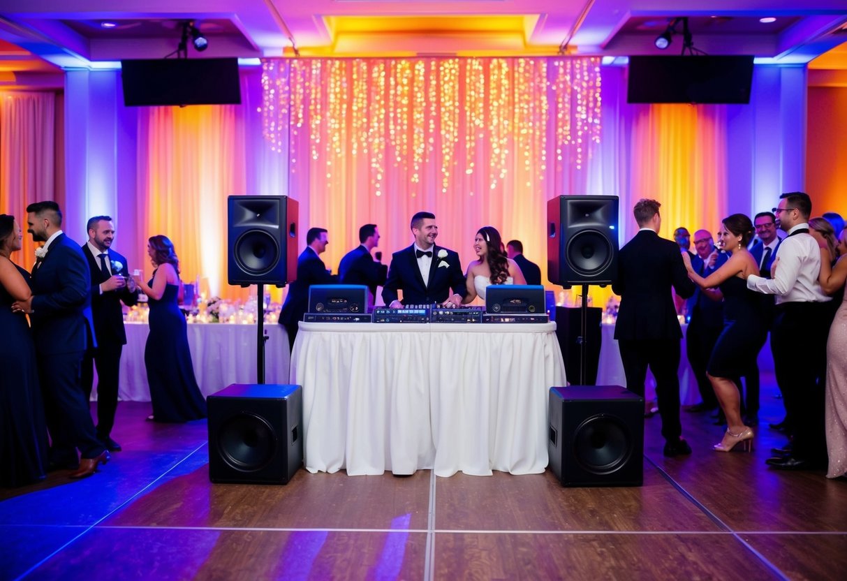 A wedding reception with a DJ booth, speakers, and dancing guests under colorful lights