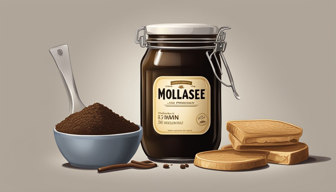 A jar of molasses with a visible expiration date, surrounded by various food items and kitchen utensils