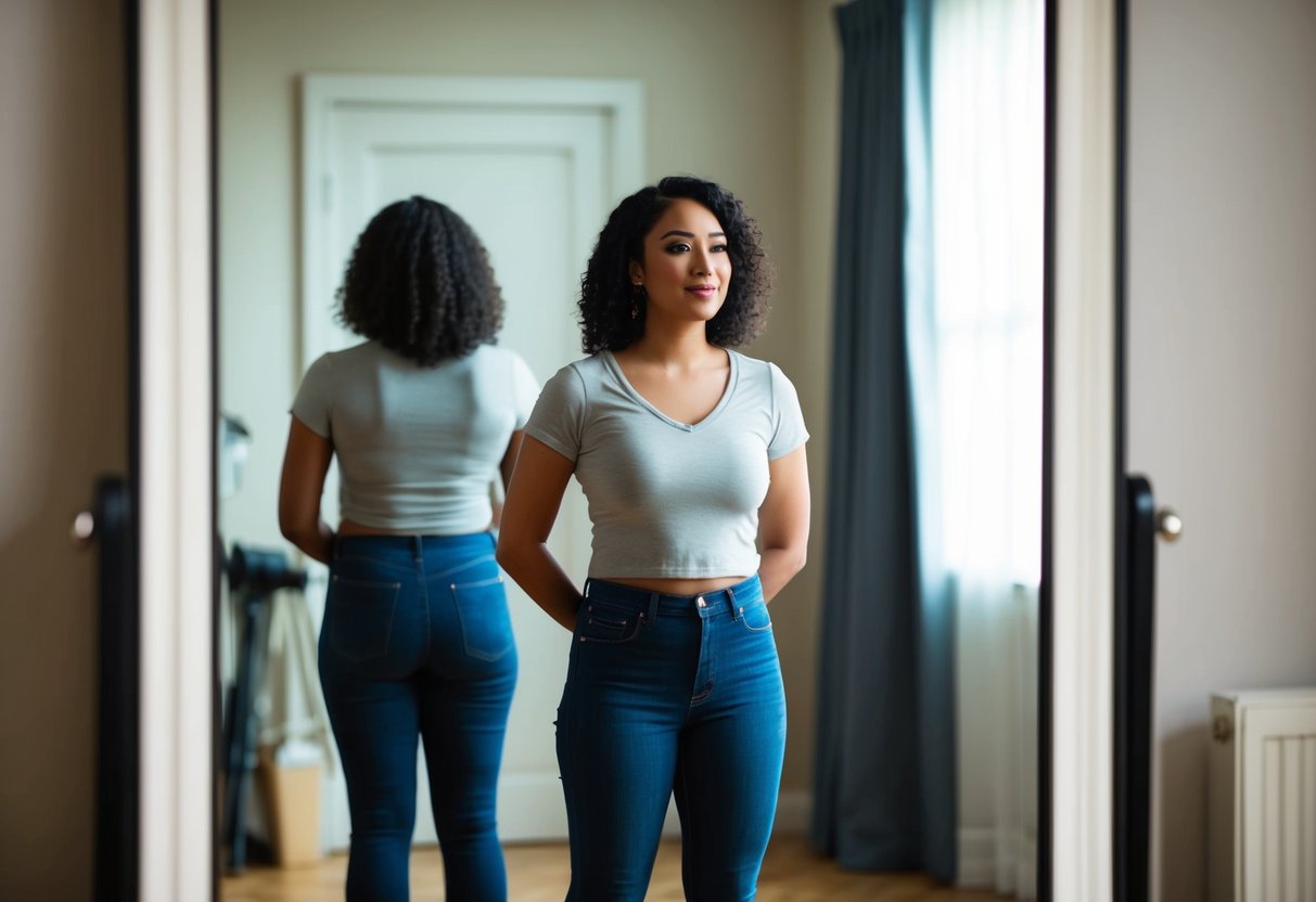 A person stands in front of a full-length mirror, wearing a casual top and jeans. They appear to be getting ready for a rehearsal