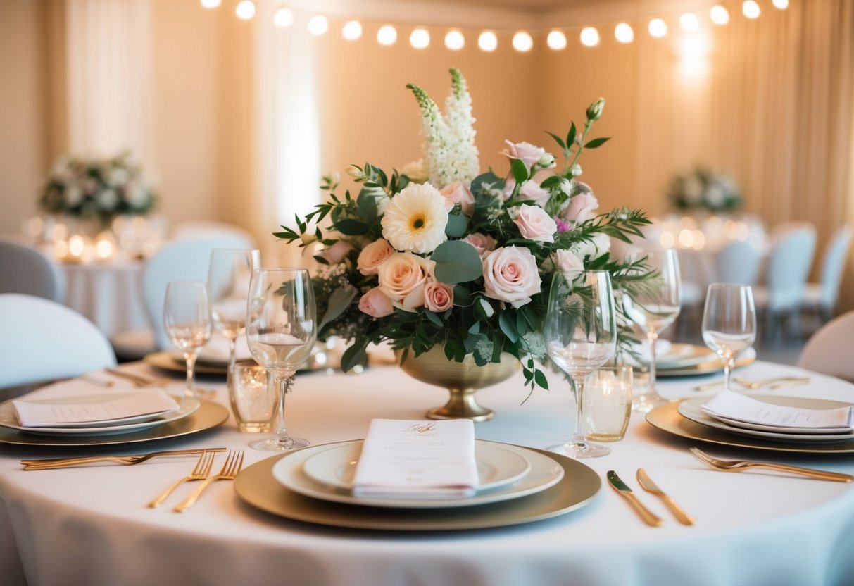 A table set with elegant place settings and a romantic ambiance, with soft lighting and floral centerpieces