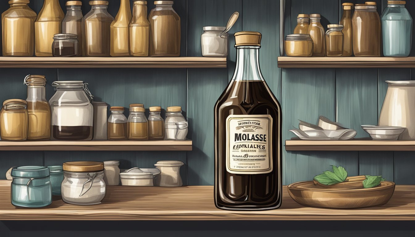 A bottle of molasses with a faded expiration date on a cluttered kitchen shelf