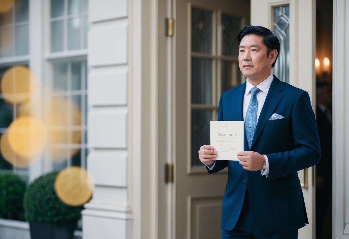 A well-dressed individual standing at the entrance of a formal event, holding an invitation and looking uncertain