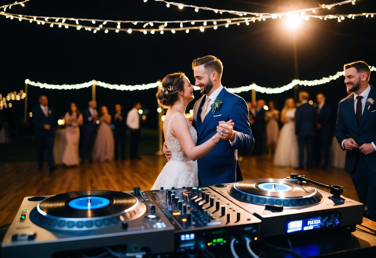 A couple dances under twinkling lights as a DJ spins records at a non-traditional wedding