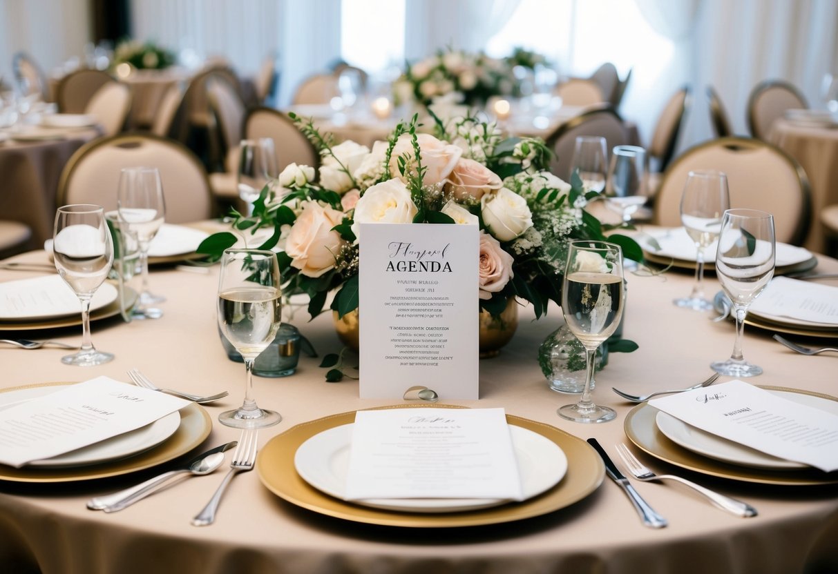 A table set with elegant place settings and a centerpiece of fresh flowers. A printed agenda for the rehearsal dinner is placed at each seat