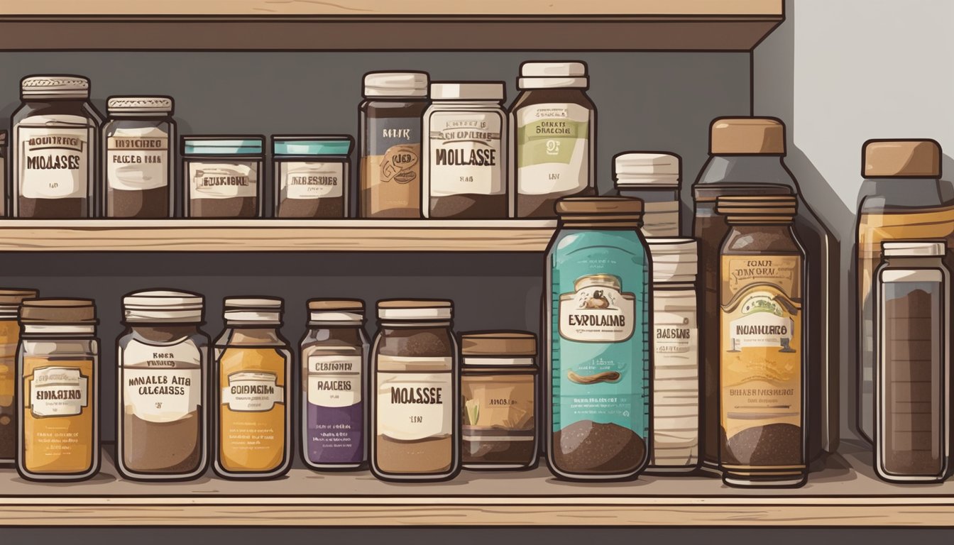 A jar of expired molasses sits on a dusty shelf next to a row of neatly organized pantry items. A label on the jar indicates the expiration date has passed