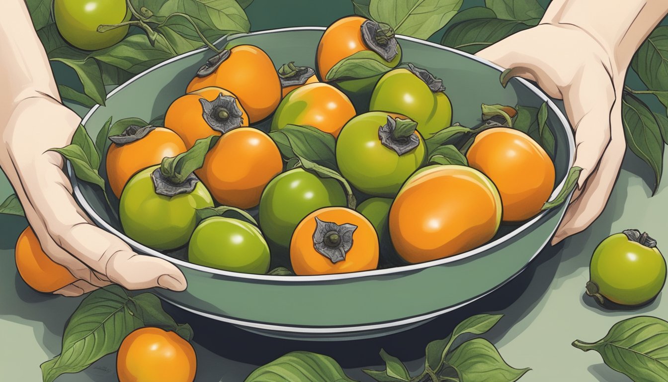 A bowl of unripe persimmons surrounded by ripe ones, with a cautious hand reaching toward them