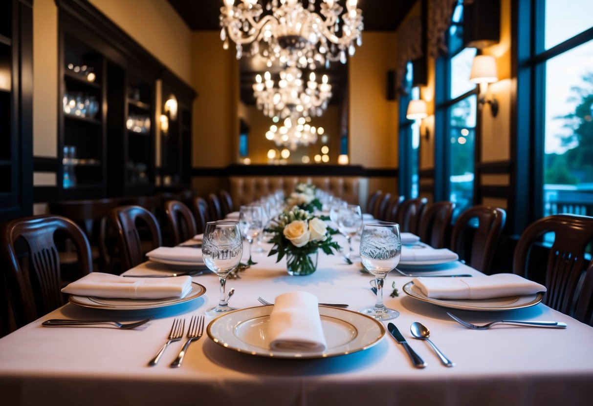 A cozy restaurant with dim lighting and elegant decor, featuring a long table set with fine china and crystal glassware for a rehearsal dinner