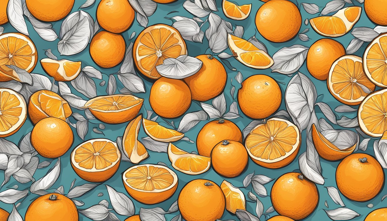 A pile of fresh orange peels, showcasing their vibrant color and texture, surrounded by scattered vitamin-rich nutrients