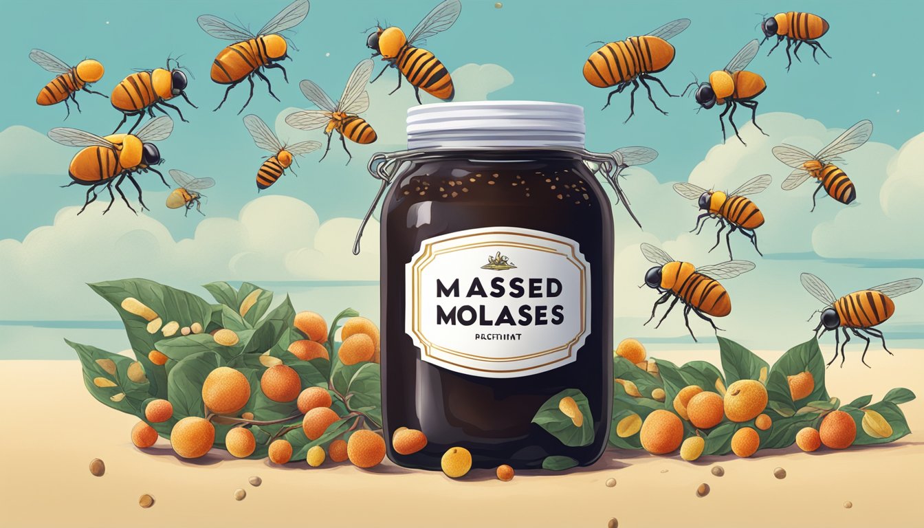 A jar of expired molasses with a thick, dark liquid oozing out, surrounded by a cloud of tiny fruit flies