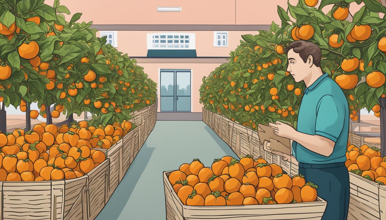 A basket of unripe persimmons with a warning sign and a concerned person looking at them