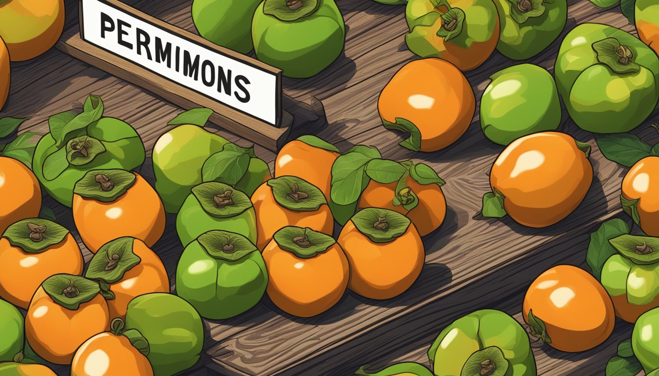 A pile of unripe persimmons on a wooden table, with a caution sign and a question mark hovering above them