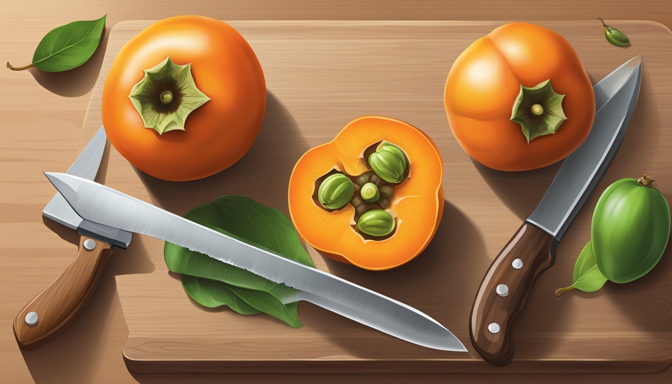 A ripe persimmon next to an unripe one, with a knife and cutting board, to illustrate proper preparation and safe consumption