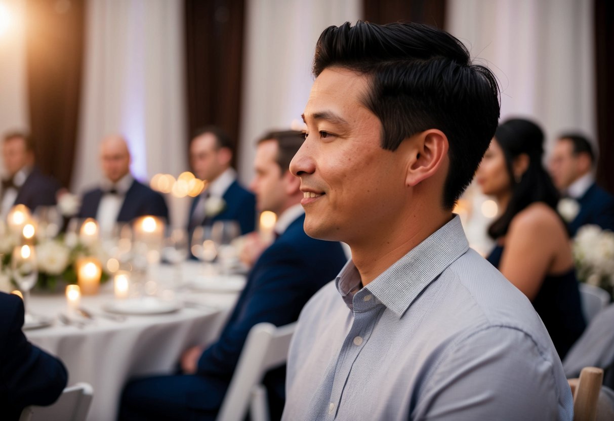 A person wearing casual clothes at a formal wedding rehearsal dinner