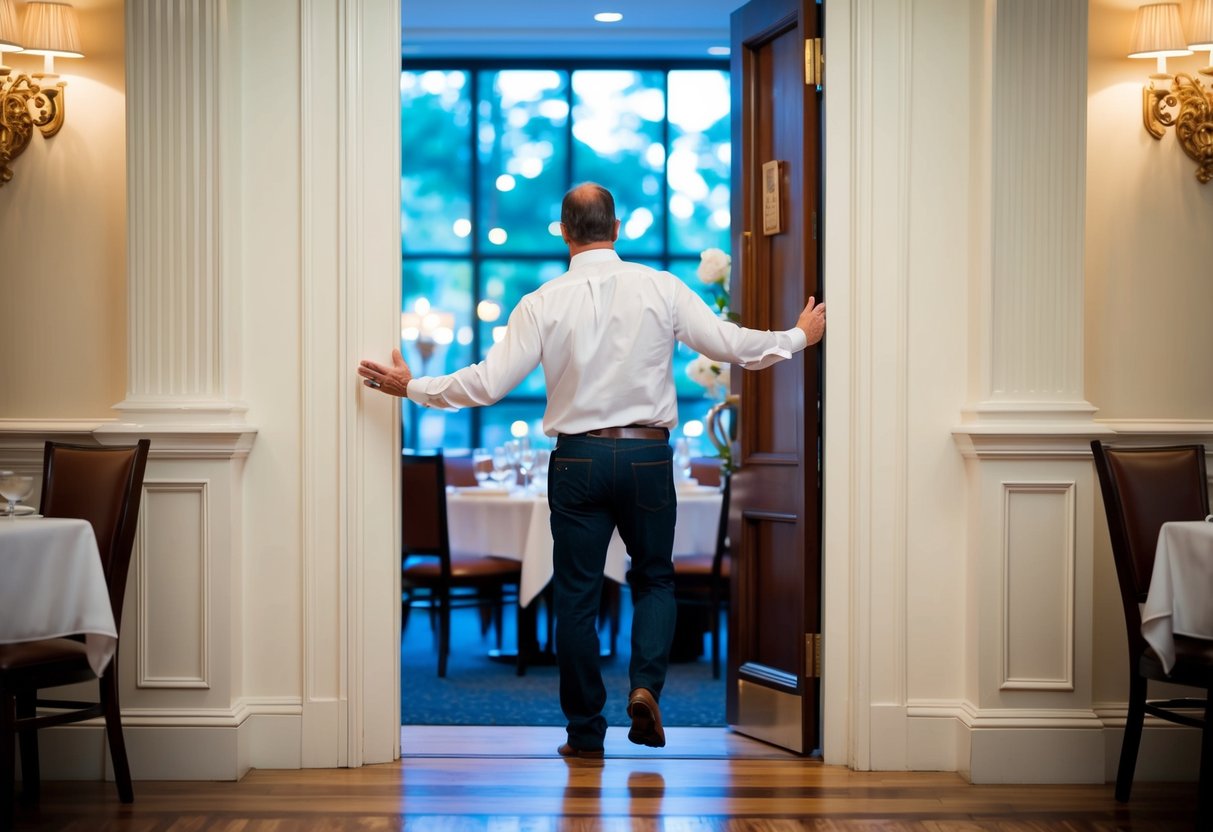 A man in casual clothes being turned away at the door of a fancy restaurant hosting a wedding rehearsal dinner