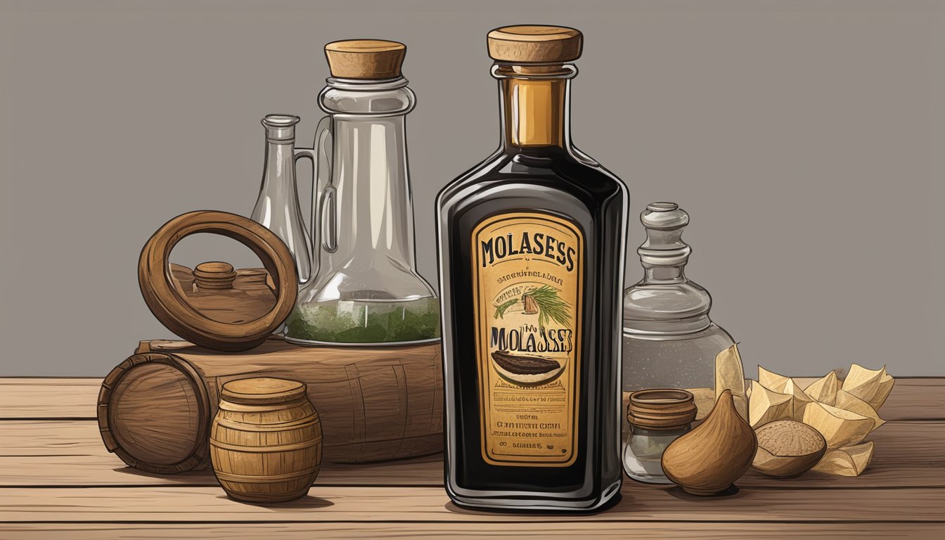 A vintage glass bottle of molasses sits on a rustic wooden table, surrounded by historical artifacts and cultural symbols