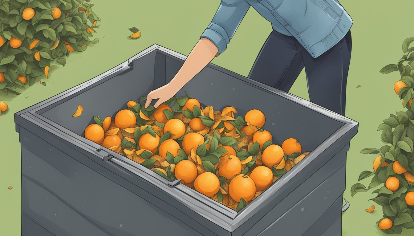 A person placing orange peels in a compost bin, with a caution sign nearby