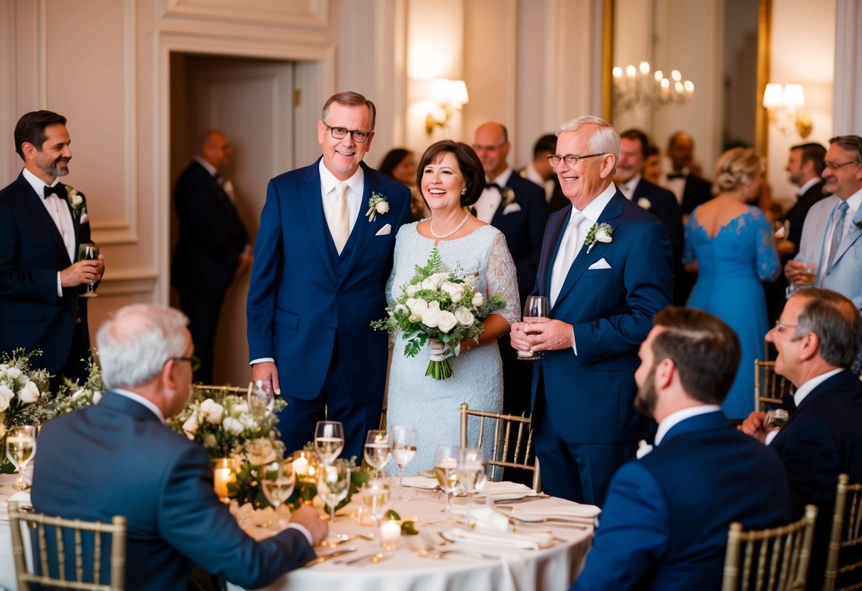 The groom's parents warmly welcome guests at the elegant rehearsal dinner, overseeing the event with grace and hospitality