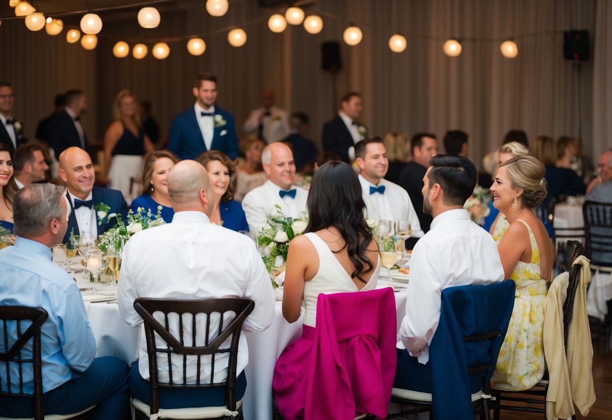 A group of guests at a wedding rehearsal dinner, wearing casual or inappropriate attire, with a clear emphasis on what not to wear