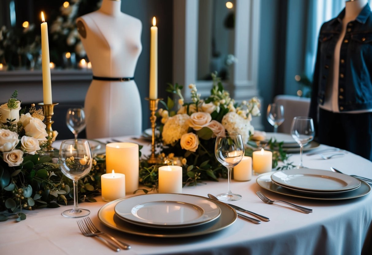 A table set with elegant dinnerware, surrounded by softly lit candles and floral centerpieces. A mannequin dressed in casual attire stands nearby