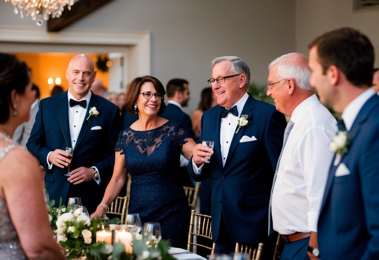 The groom's parents greet guests and assist with seating at the rehearsal dinner