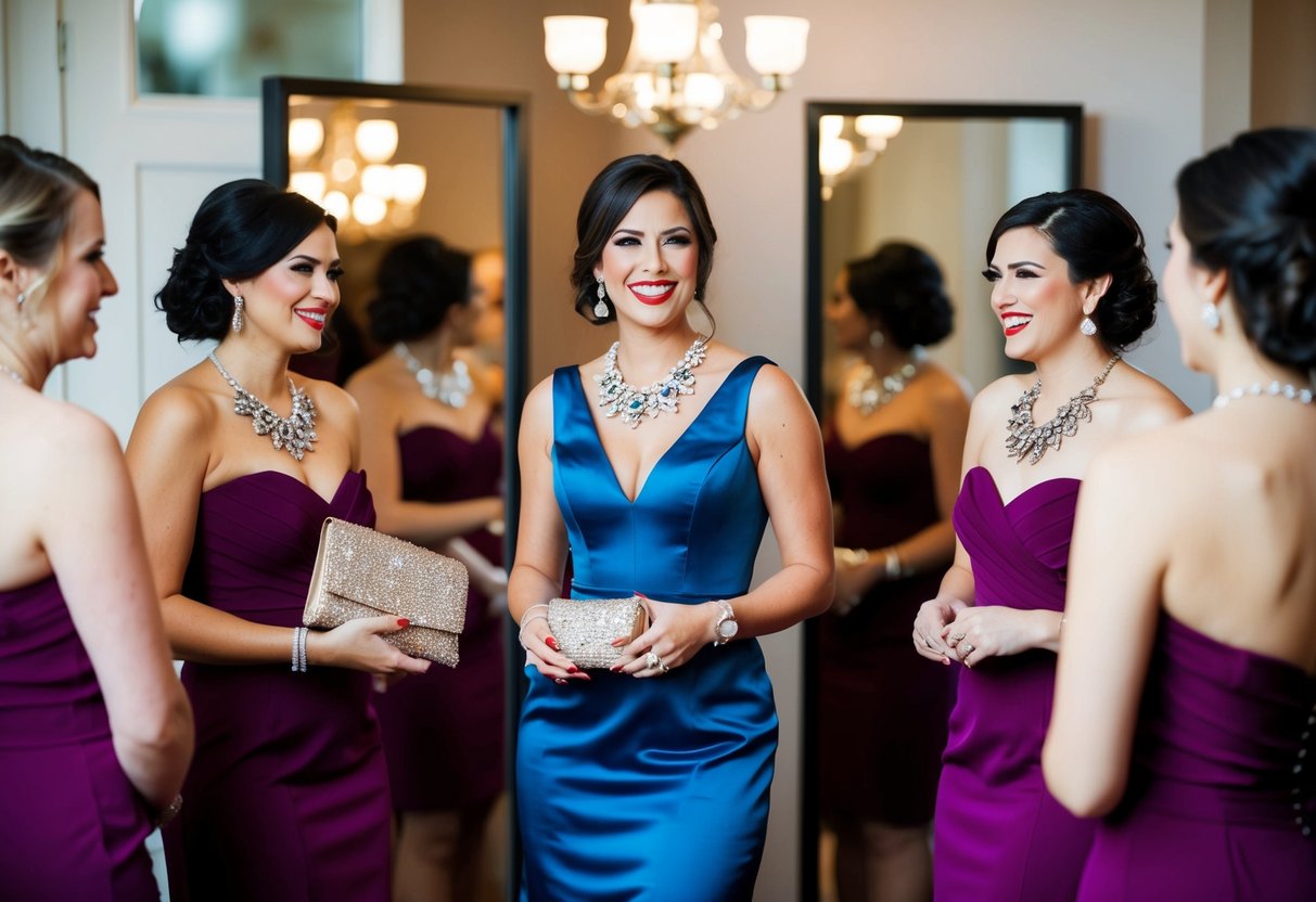 A bridesmaid wearing a chic cocktail dress and statement jewelry, holding a clutch and standing in front of a mirror
