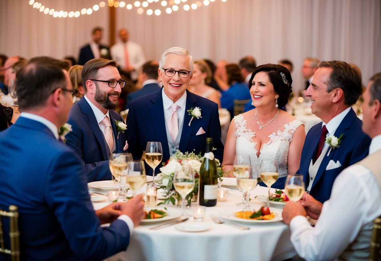 Groom's parents greet guests, oversee seating, and make toasts at the rehearsal dinner