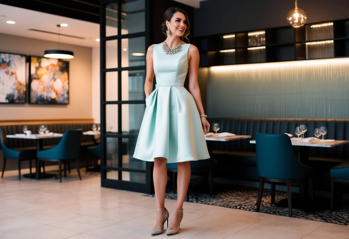 A bridesmaid in a chic knee-length dress, paired with heels and statement jewelry, standing in a trendy restaurant with a modern backdrop