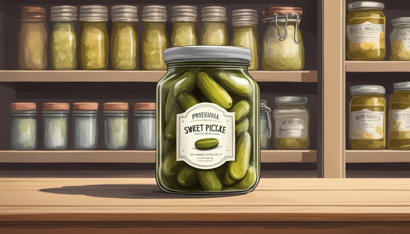 An open jar of sweet pickle relish with a faded expiration date sits on a dusty pantry shelf