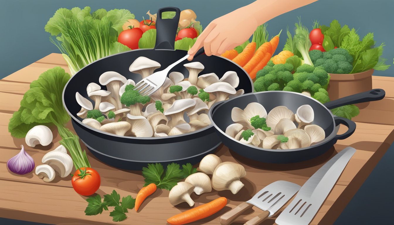 A person cooking oyster mushrooms in a pan, surrounded by fresh vegetables and herbs