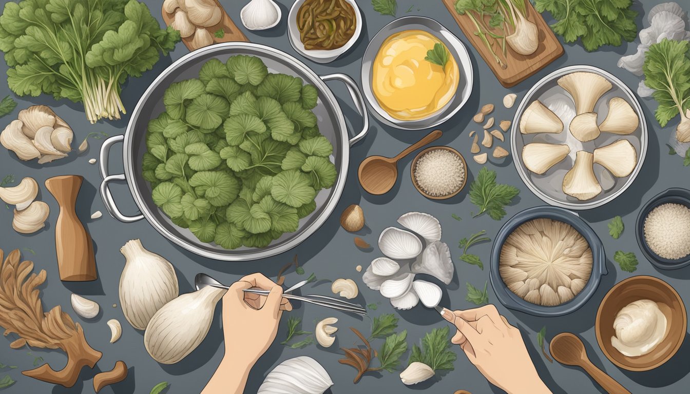 A person preparing a dish of oyster mushrooms, surrounded by various ingredients and cooking utensils