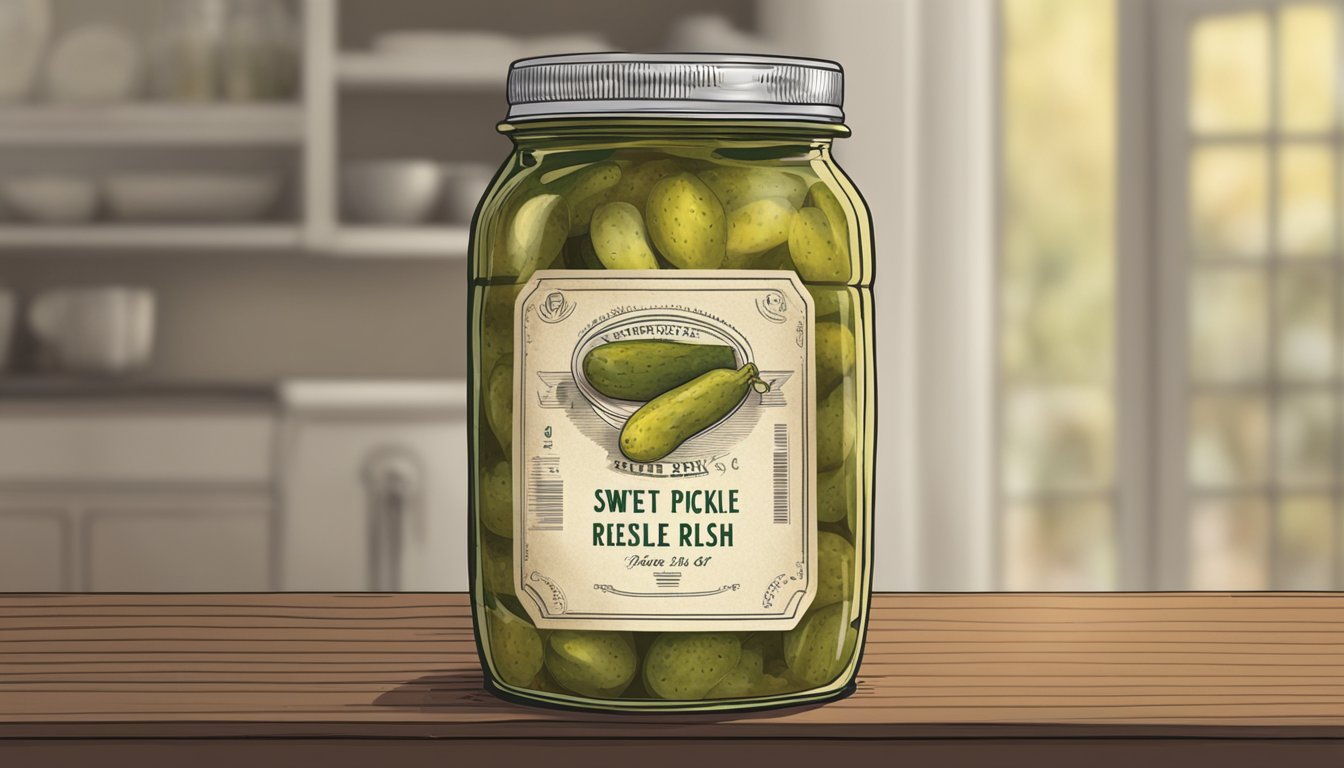 A jar of sweet pickle relish sits on a shelf, past its expiration date. The label is faded, and the lid is slightly rusted