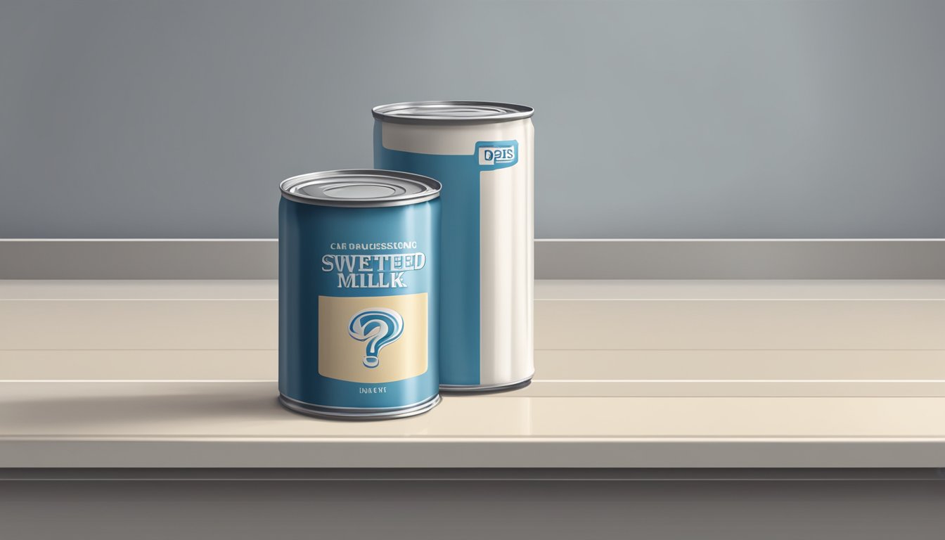 A can of sweetened condensed milk sits on a kitchen shelf, past its expiration date. A question mark hovers over it