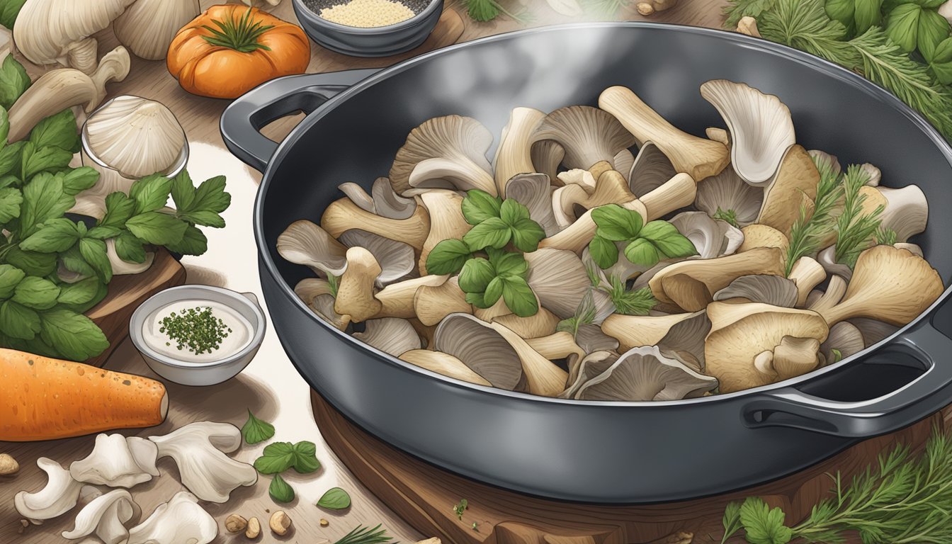 A chef sautéing oyster mushrooms in a pan, surrounded by various herbs and spices