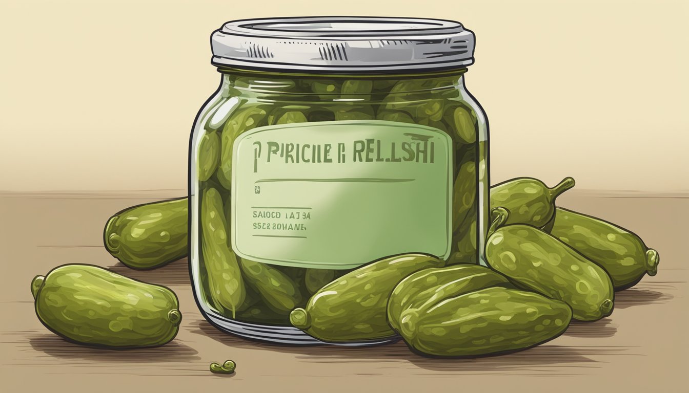 A jar of expired sweet pickle relish with a visible expiration date and a question mark above it