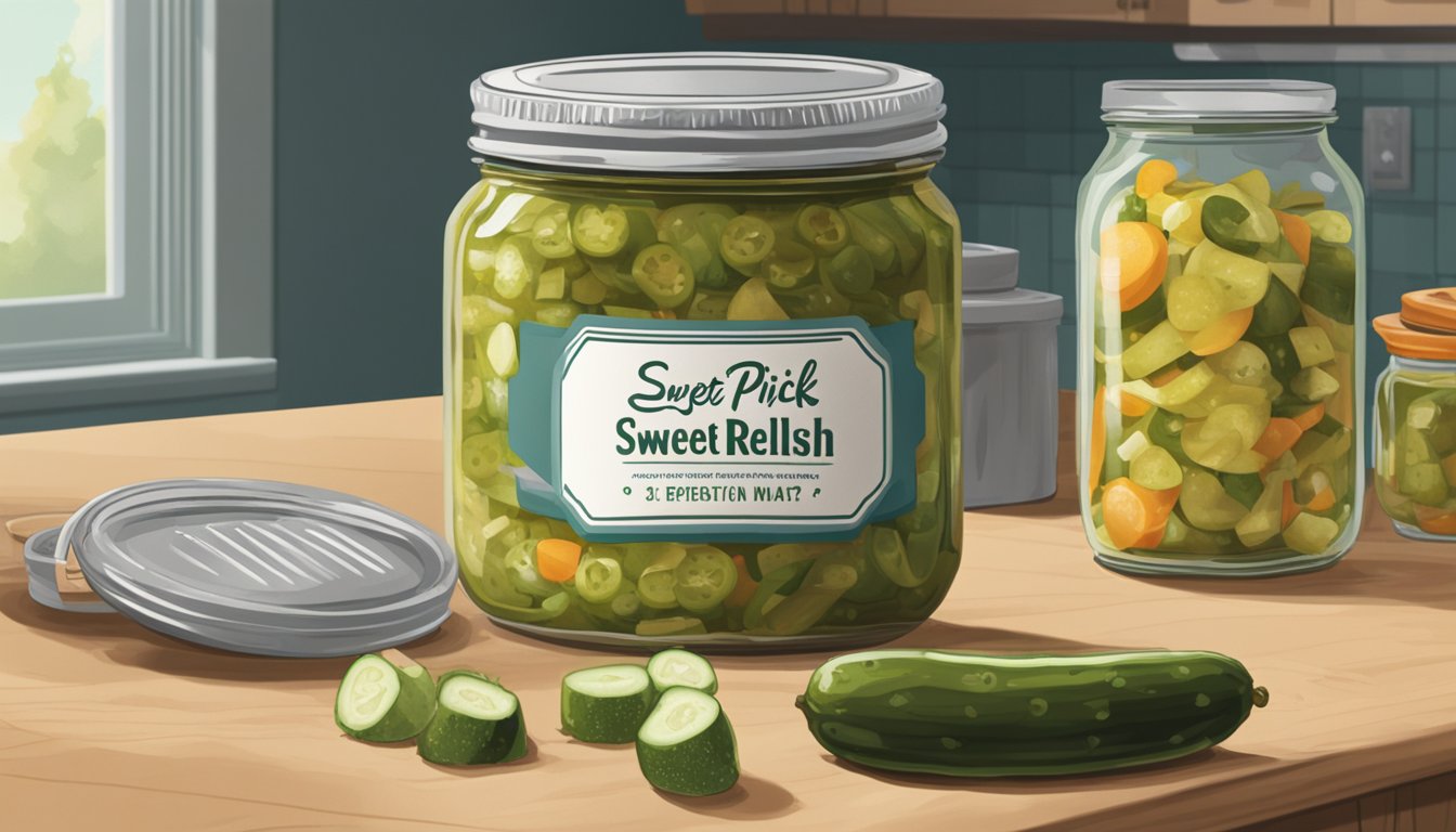 A jar of sweet pickle relish sits on a kitchen counter, surrounded by various food items. The label shows an expiration date, and a question mark hovers over the jar