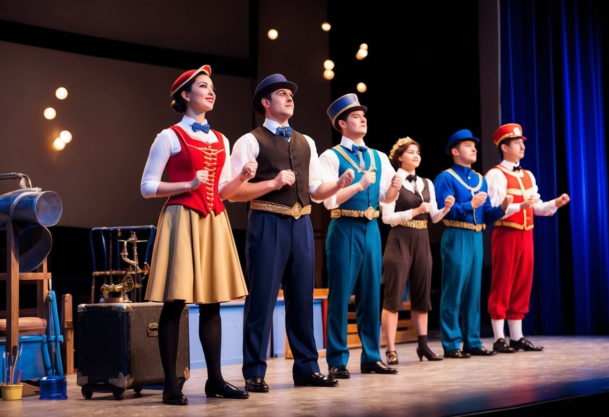 Actors on stage in costume, practicing lines and movements with props and set pieces in a theater
