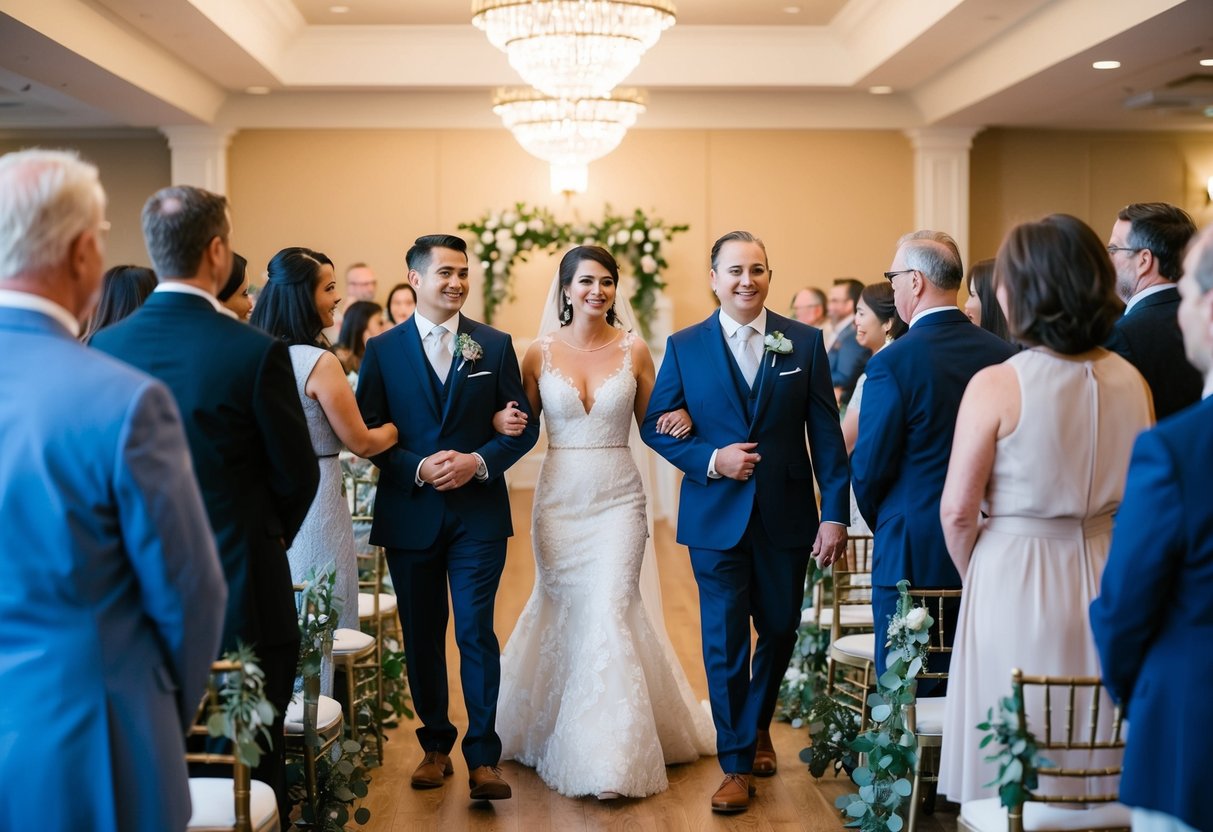 A group of people gather in a decorated venue, practicing walking down the aisle and exchanging vows