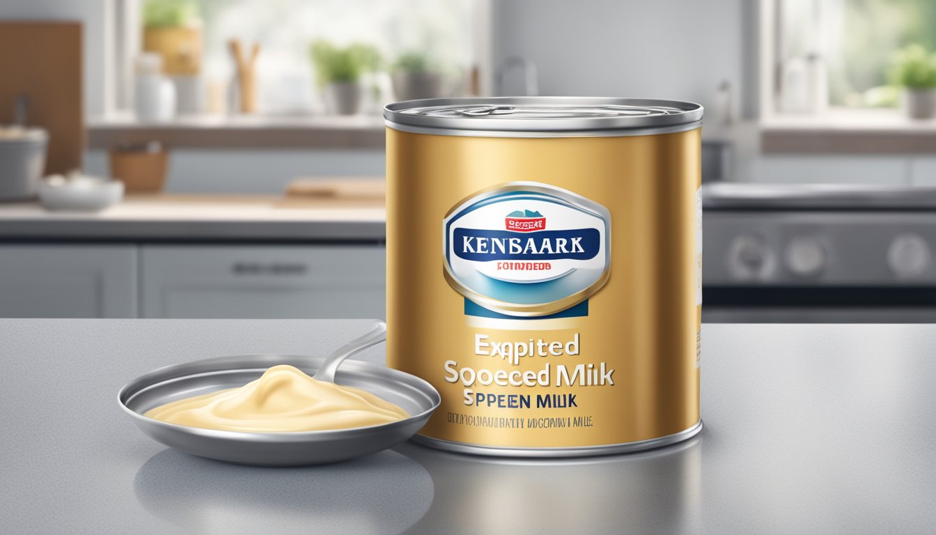 An open can of expired sweetened condensed milk with visible signs of spoilage, such as curdling or discoloration, sitting on a kitchen counter