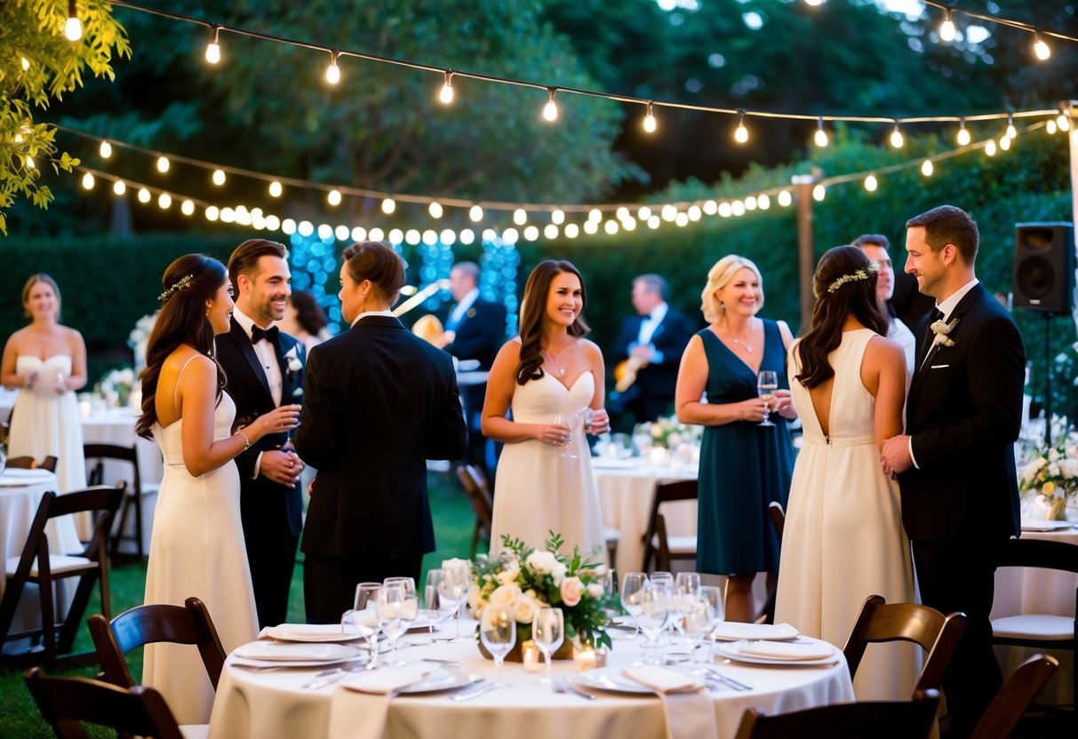 Guests in elegant attire mingle at a candlelit outdoor garden with string lights, tables set with white linens and floral centerpieces, and a live band playing in the background